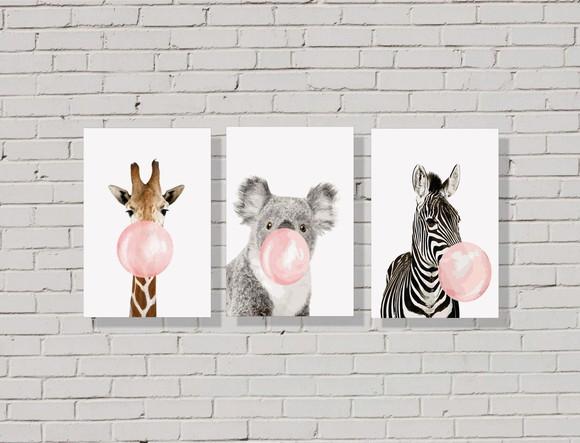 kit com 3 Placas decorativas Animais Chiclete 20x30cm