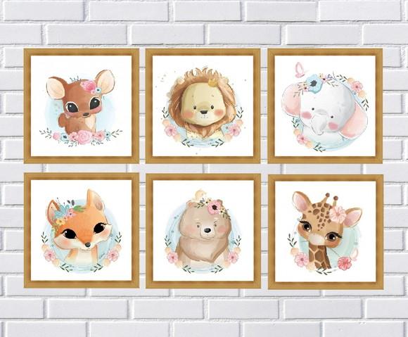 kit com 6 Placas decorativas safári baby em mdf 20x20cm