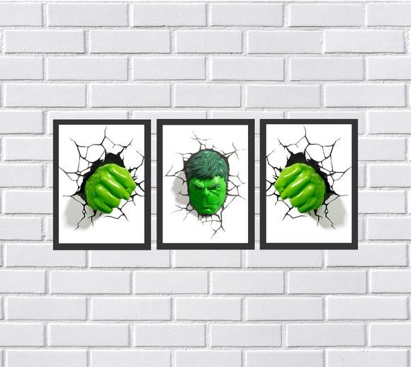 kit com 3 Placas decorativas super heróis Hulk em mdf