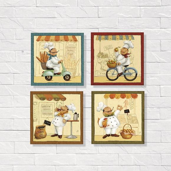 kit com 4 Placas decorativas cozinheiro em Mdf 30x30cm