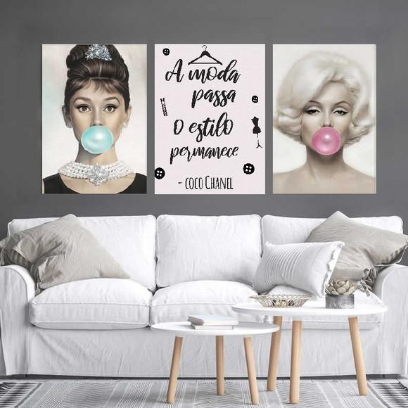 kit com 3 Placas decorativas Audrey e Marilyn 20x30cm