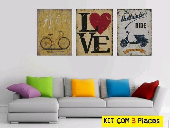 kit com 3 Placas decorativas love ride amor 30x40cm