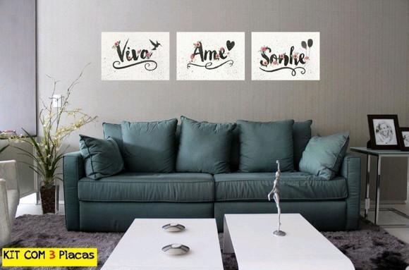 kit com 3 Placas decorativas viva ame sonhe 30x40cm