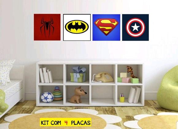 kit com 4 Placas decorativas heróis símbolos em MDF