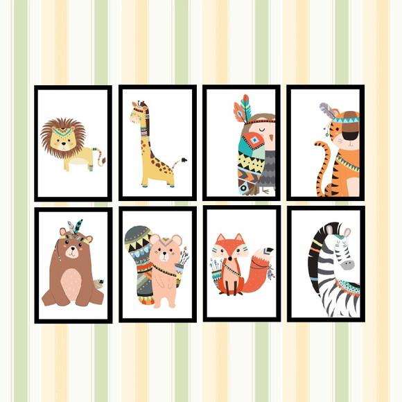 kit com 8 Placas decorativas infantil safári animais em MDF