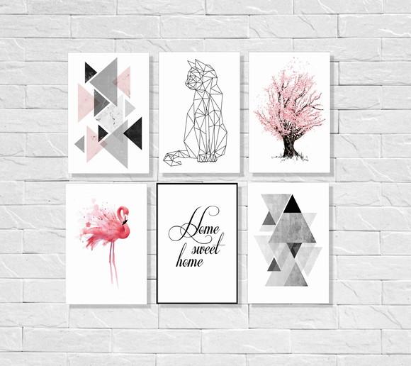 kit com 6 Placas decorativas geométricas home tons rosa
