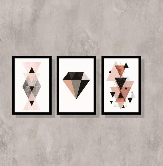 Placas decorativas imagens geométricas diamante rosa em MDF