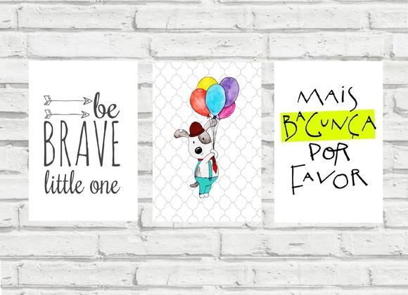 kit com 3 Placas decorativas infantil be brave em mdf