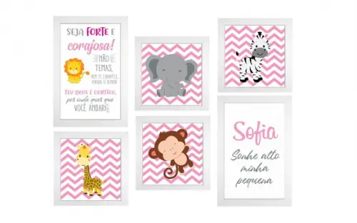 kit com 6 Placas decorativas safari infantil rosa em mdf
