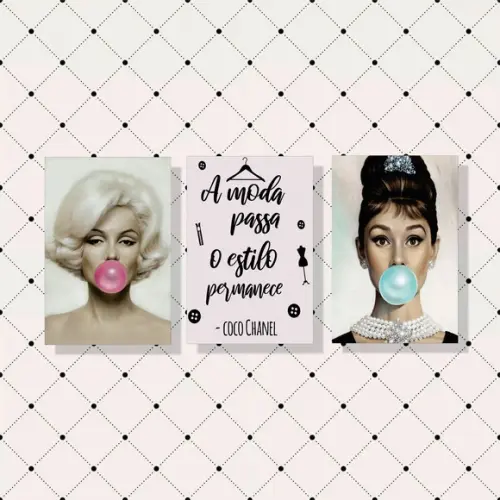 kit com 3 Placas decorativas Audrey moda e Marilyn 30x40cm