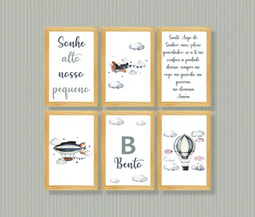 Kit com 6 Placas Decorativas Avião Nuvens Balão em mdf