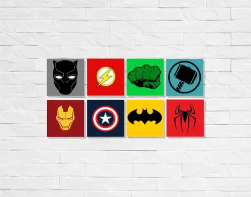 Kit com 8 Placas Decorativas Super Heróis em mdf