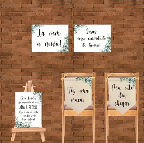 Kit 2 Flâmulas para Cadeira Noivos + 3 Placas Casamento