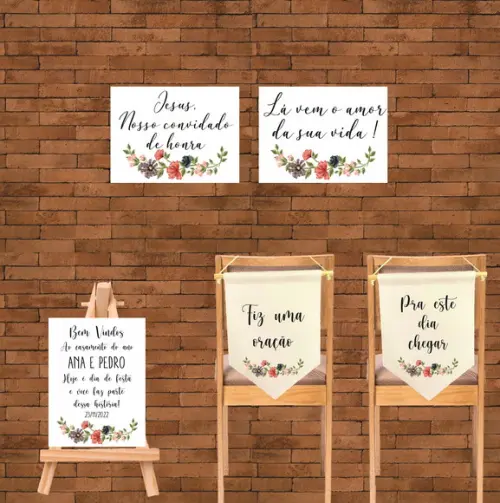 Kit 2 Flâmulas para Cadeira Noivos + 3 Placas Casamento