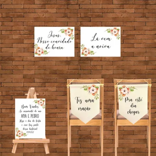 Kit 2 Flâmulas para Cadeira Noivos + 3 Placas Casamento