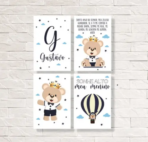 Kit com 4 Placas Decorativas Urso Azul mdf 20x30cm