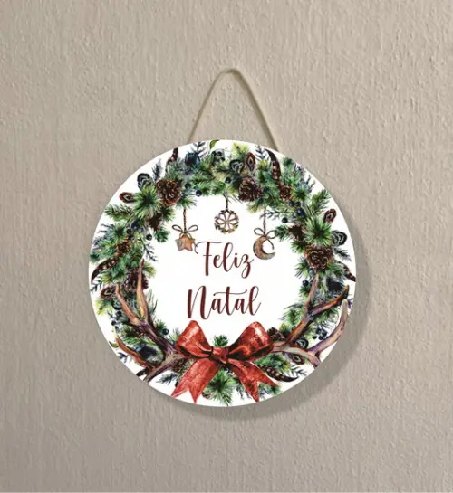 Placa Decoração de Natal Redonda Guirlanda