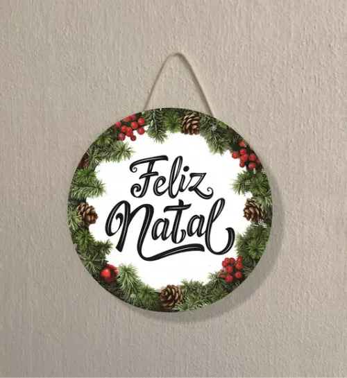 Placa Decoração de Natal Redonda Guirlanda