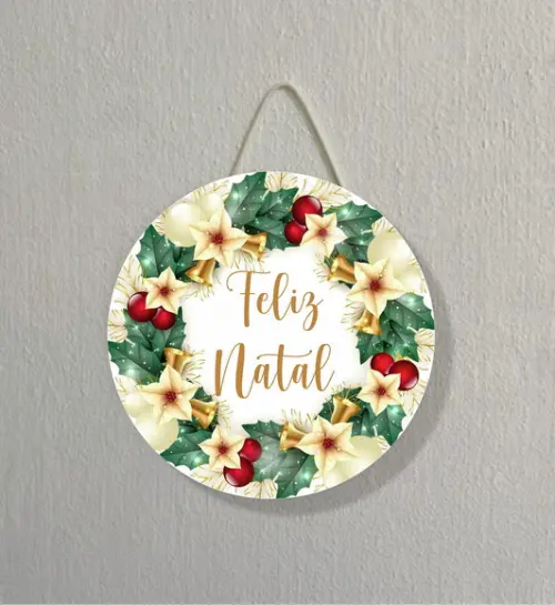 Placa Decoração de Natal Redonda Guirlanda