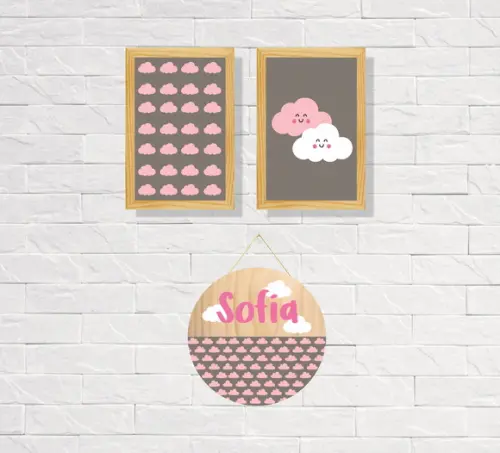 Kit 2 Placas Decorativas Nuvem 30x40 + Porta Maternidade