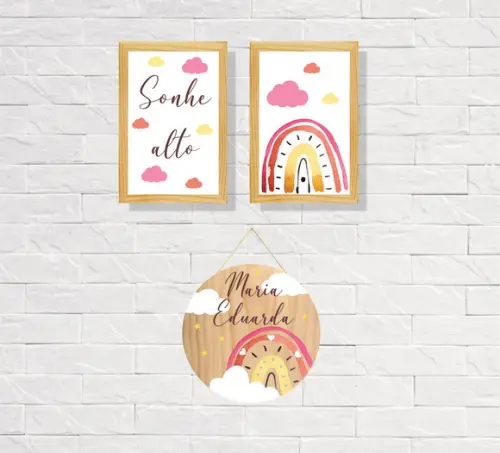 Kit 2 Placas Decorativas Arco Iris 30x40 + Porta Maternidade