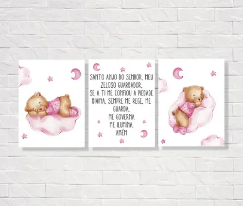 Kit com 3 Placas Decorativas Ursinha Nuvem 30x40cm