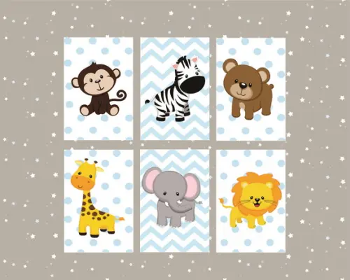 Kit com 6 Placas Decorativas Safari Infantil Azul em mdf