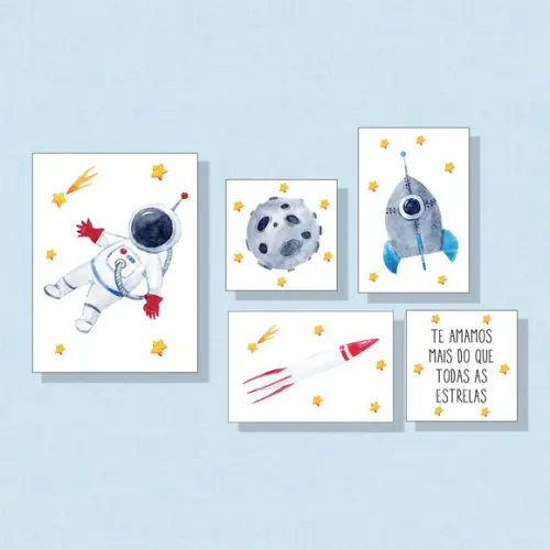 Kit 5 Placas Decorativas Astronauta + 5 Placas Heróis Mdf