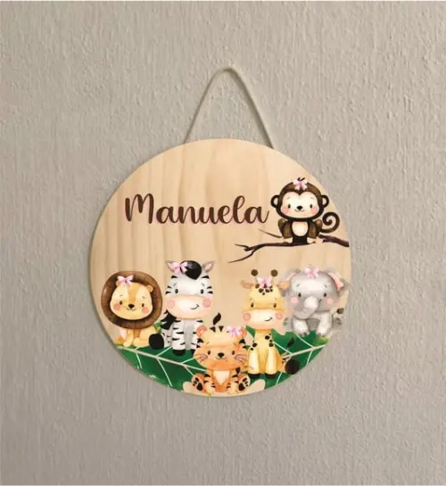 Placa Infantil Porta Maternidade Safari Rosa Menina em mdf