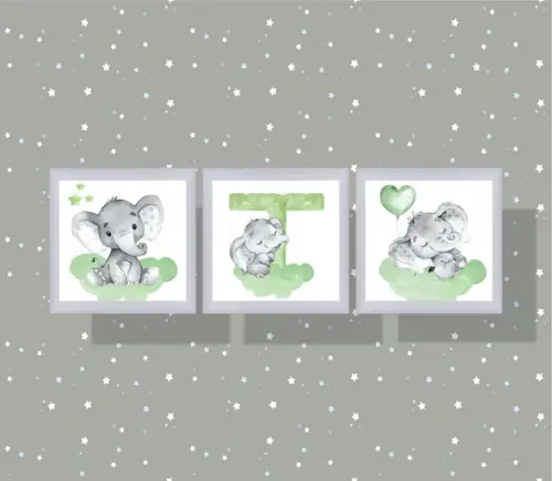 kit com 3 Placas decorativas elefantinho 30x30cm