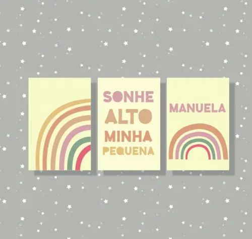 kit com 3 Placas decorativas sonhe alto arco iris 20x30cm