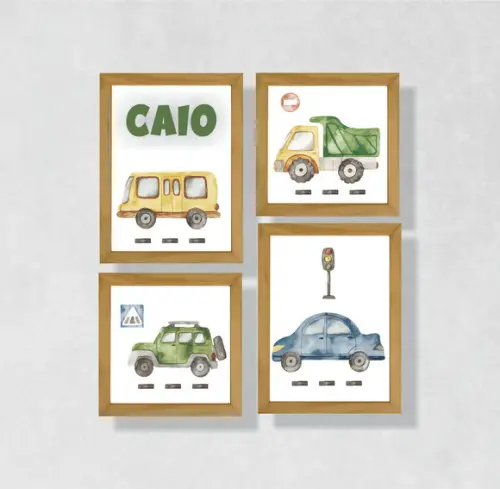 Kit com 4 Placas decorativas infantil carros em mdf