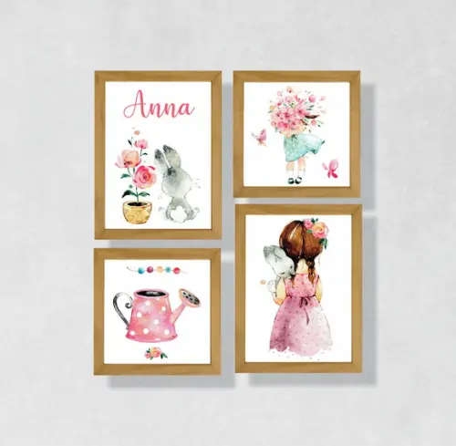 Kit com 4 Placas decorativas infantil menina flores em mdf