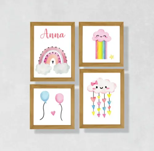Kit com 4 Placas decorativas infantil arco iris em mdf