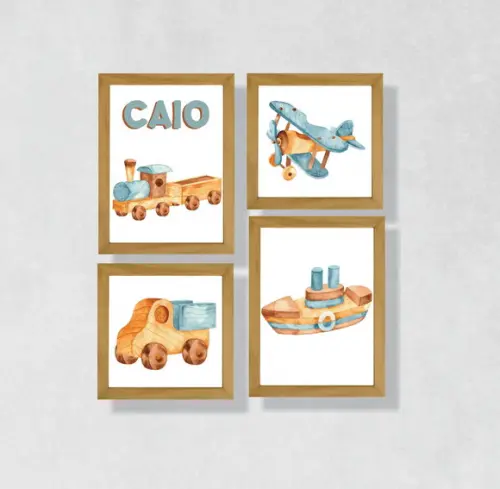 Kit com 4 Placas decorativas infantil carrinhos em mdf