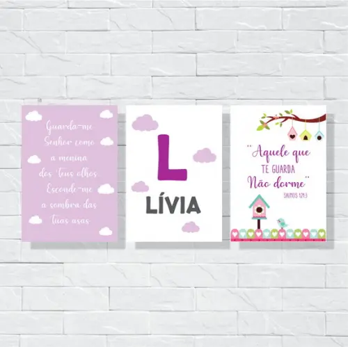 Placas Decoração Infantil passaros lilás em mdf 30x40cm