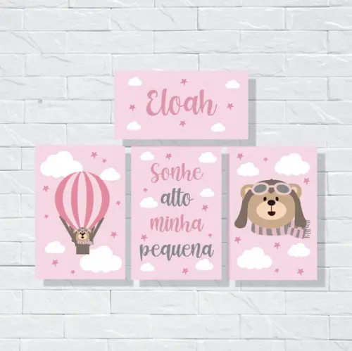 Placas Decoração infantil ursa baloeira rosa com nome em mdf