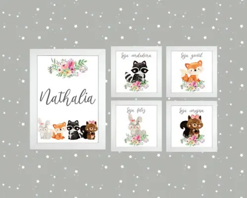 kit com 5 Placas decorativas bosque nome em mdf