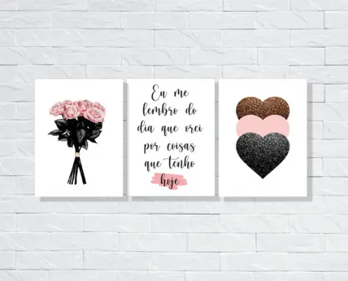 kit com 3 Placas decorativas frase rosas coração mdf 30x40cm
