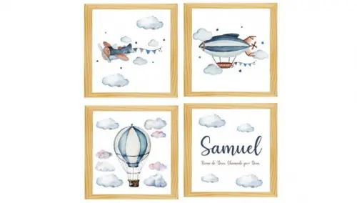 kit com 4 Placas decorativas menino infantil avião