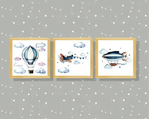 kit com 3 Placas decorativas menino infantil avião 20x20cm