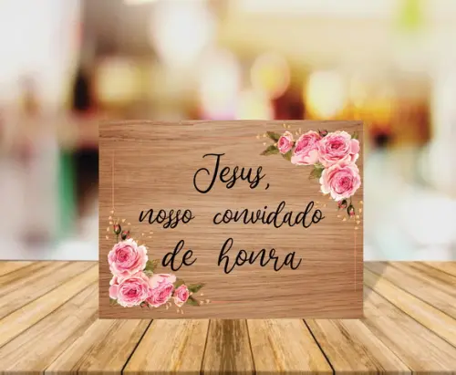 Placa de Casamento Jesus Nosso Convidado Fundo Claro Rosas