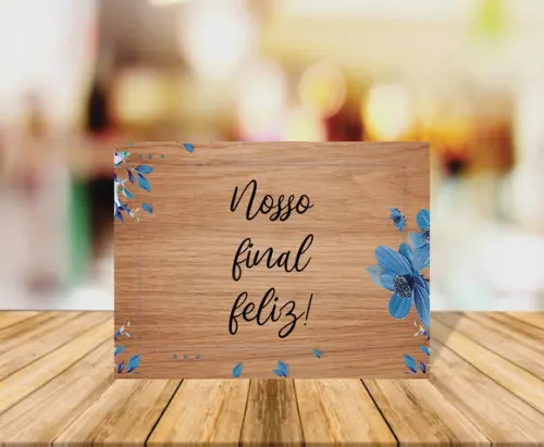 Placa de Casamento Nosso Final Feliz Fundo Claro Flor Azul