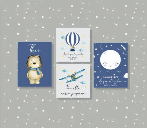 Kit com 4 Placa Decorativa infantil urso aviador em mdf