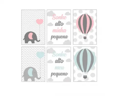 kit com 6 Placas decorativas infantil elefante e balão mdf