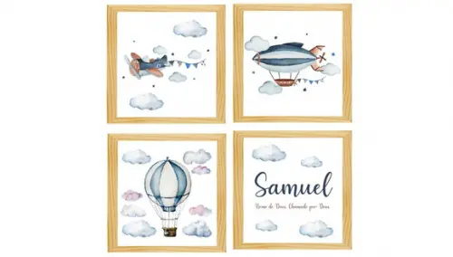 kit com 4 Quadros decorativos menino infantil avião
