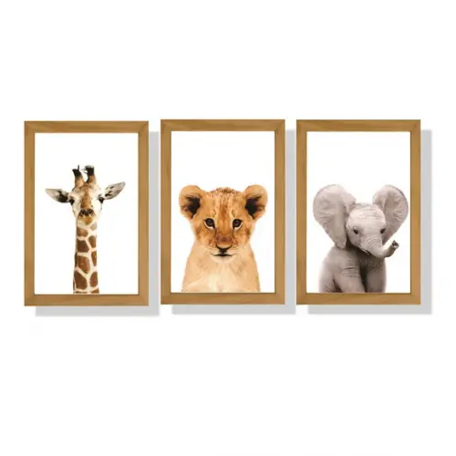 kit com 3 Placas Decorativas safari realista em mdf 30x40cm