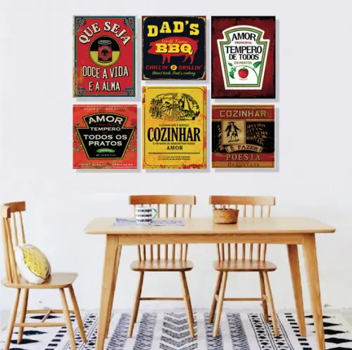 Kit com 6 Placas decorativas cozinha retrô em mdf