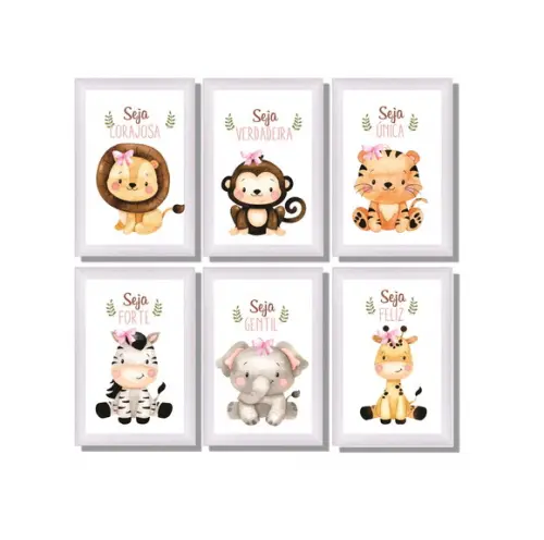 kit com 6 Placas decorativas safari baby menina borda cinza