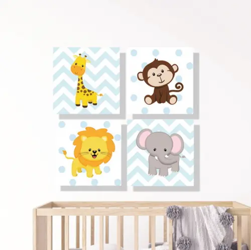 Kit 4 Placas Decorativas Zoo Safari azul em MDF 20x20cm